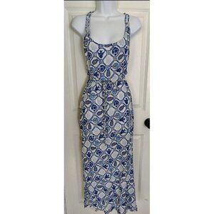 Isaac Mizrahi Blue White Fish Print Linen Blend Belted Beach Maxi Dress L NWOT